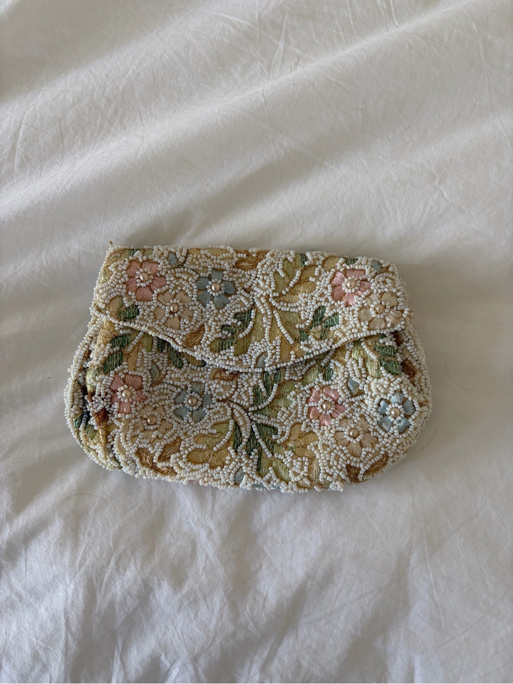 Vintage Beaded Floral Clutch - White, Pink, Blue, Green, Gold